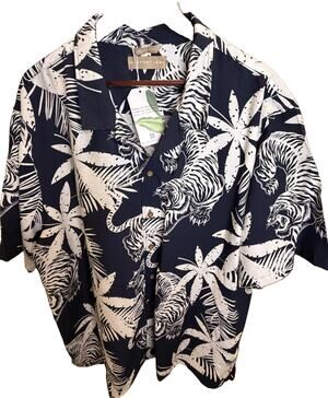 Distortion Men’s 2XL Tiger Tropical Hawaiian Shirt Navy White Rayon Camp Collar